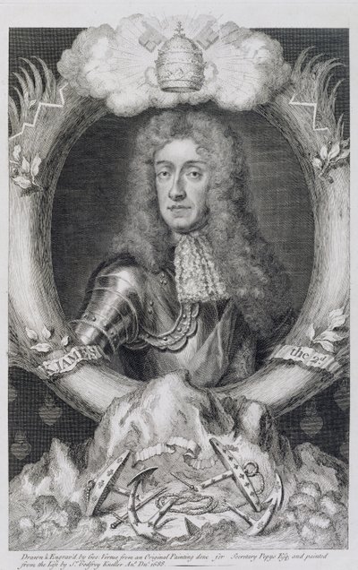 Portret van James VII van Schotland, II van Engeland (1633-1701) gegraveerd door George Vertue door Godfrey Kneller